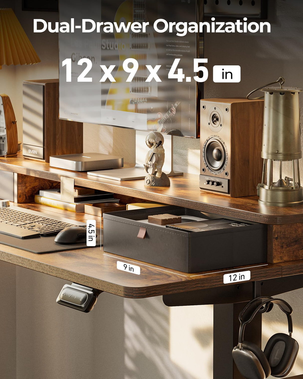 FEZIBO 48 x 24 Inch Height Adjustable Electric Standing Desk with Double Drawers, Stand up Desk, Home Office Computer Workstation with 4 Height-Adjustable Feets & 2 Hooks, Rustic Brown FEZIBO