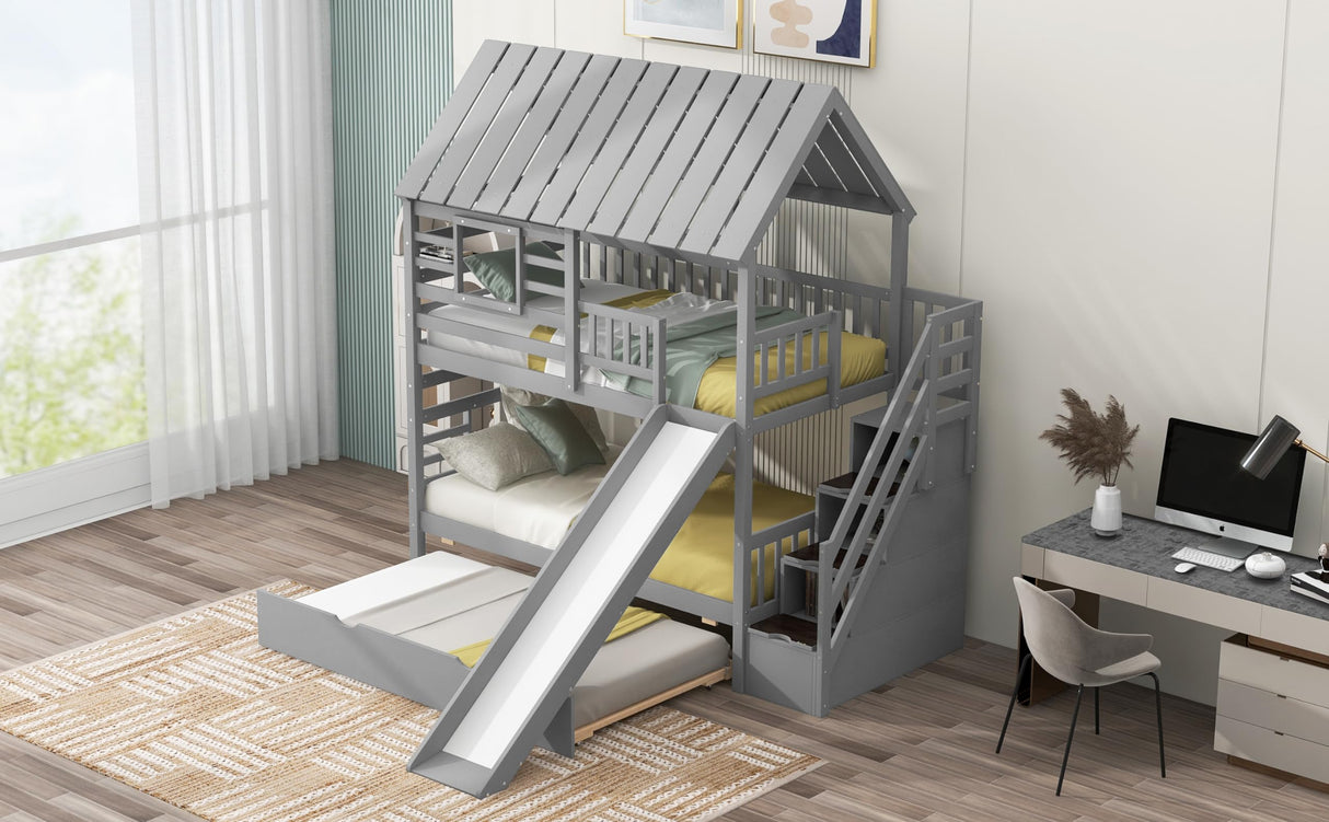 Twin Over Twin House Bunk Bed Frame for Boys Girls Kids Adults Toddler with Trundle and Slide, Storage Staircase, Roof and Window Design, Gray Flieks