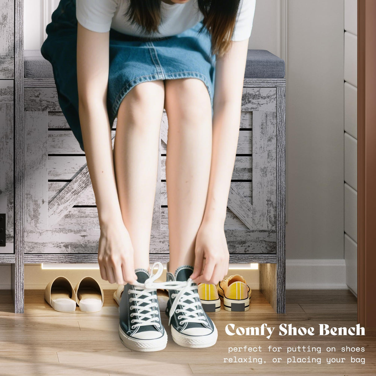 AMERLIFE Farmhouse Entryway Shoe Storage Bench with USB Motion Sensor Light, Flip Drawers & Cushioned Seat, Narrow Hallway Shoe Cabinet for Small Space, Rustic White AMERLIFE