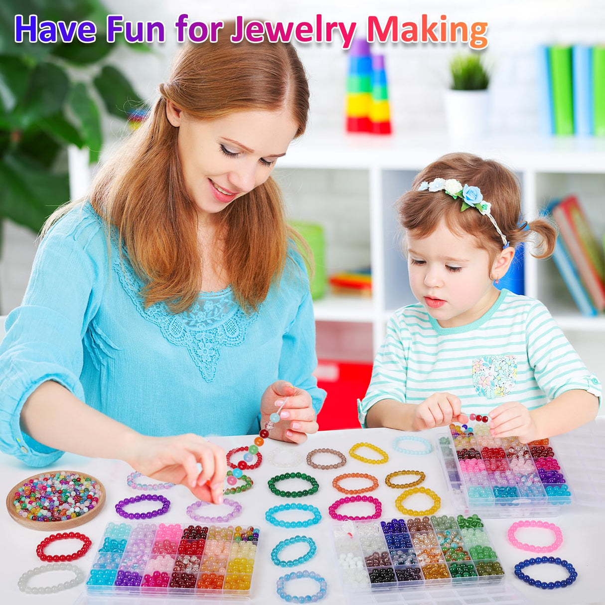 XSEINO 2400 PCS 8mm Glass Beads Bracelet Making Kit, 47 Colors Crystal Beads for Jewelry Making and DIY Crafts,4 Box Round Beads Suitable for Beginners XSEINO