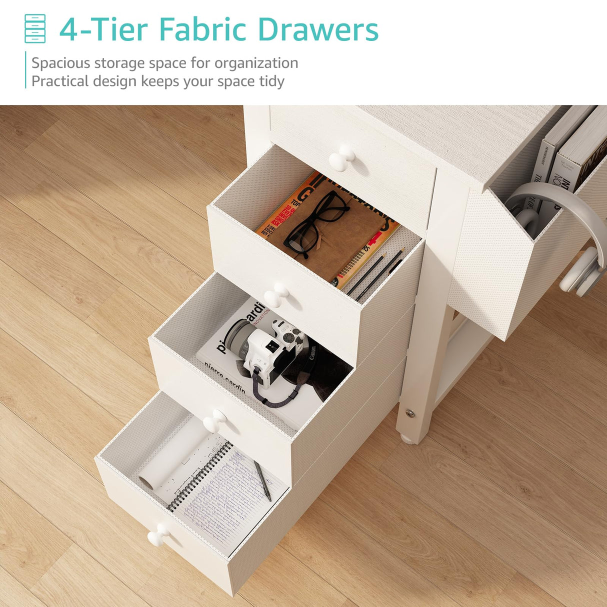 Lufeiya White L Shaped Computer Desk with Drawers & Storage Shelves, 47 Inch Corner Desk with Power Outlet for Home Office Bedroom, L-Shaped Teen PC Desks with Fabric Drawer, White Lufeiya