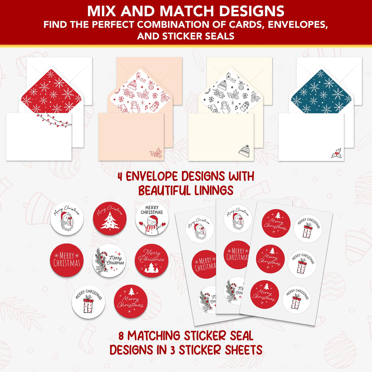 Decorably 16 Pack 5x7in Minimalist Pack of Assorted Christmas Cards with Envelopes and Stickers, 8 Designs Christmas Card with Envelopes with Printed Message Inside Decorably