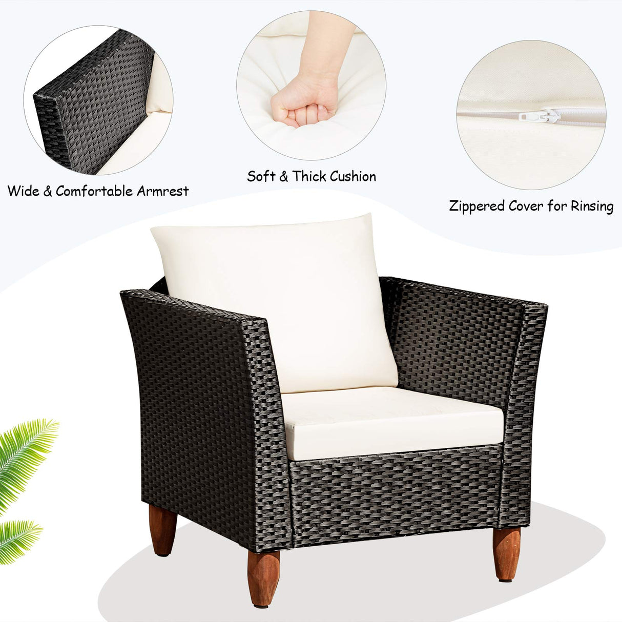 Tangkula 3 Piece Patio Furniture Set, Patiojoy Outdoor Wicker Rattan Bistro Sofa Set w/Washable Cushion, Acacia Wood Top Coffee Table, Conversation Set for Balcony Backyard Porch (White) Tangkula