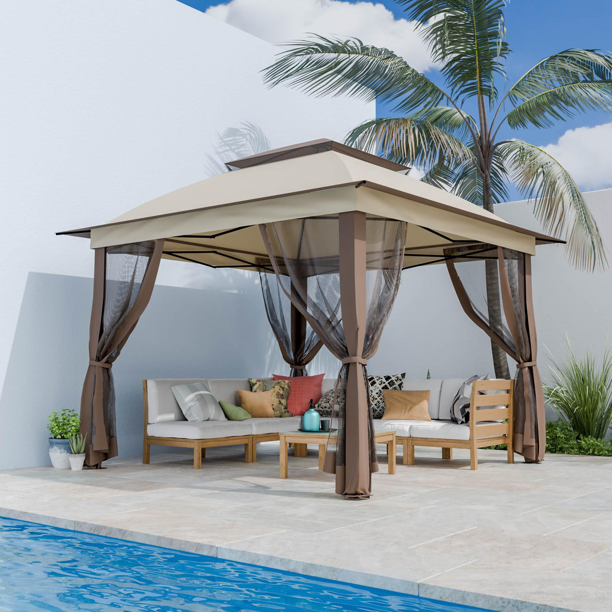 11'X11' Gazebo Pop Up with 4 Sidewalls Mosquito Netting, Heavy Duty Patio Gazebo Canopy Tent with Double Air Roofs for Backyards, Patios, Decks, Gardens, Parks Yokayoay