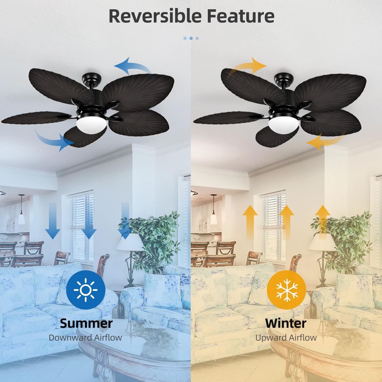 YITAHOME Tropical Ceiling Fan with LED Light and Remote, 52 Inch Outdoor Palm Leaf Fan for Patio with Memory Function, 5 Leaf Blades, Reversible DC Quiet Motor, for Porch, Farmhouse, Indoor, Brown YITAHOME