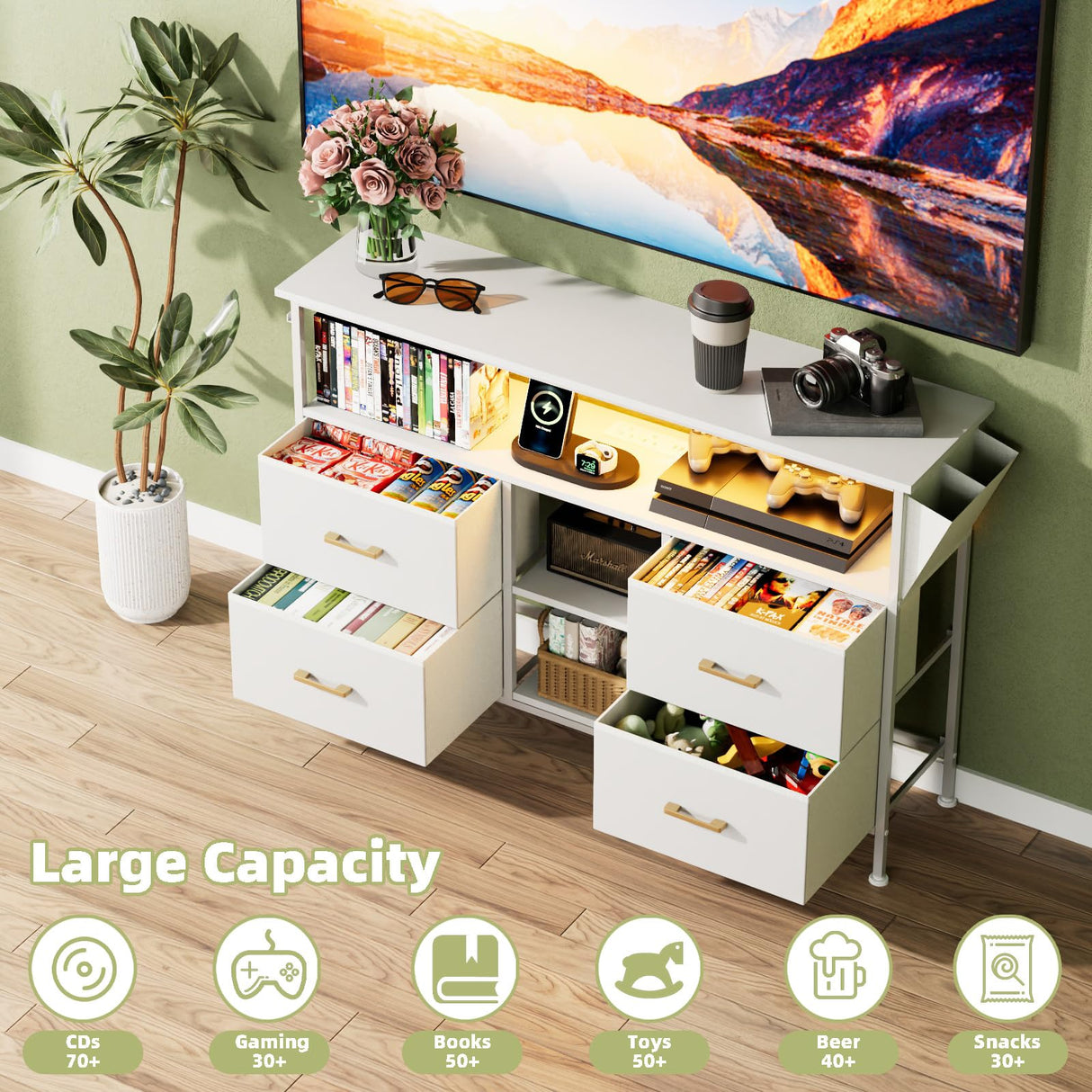 YILQQPER Dresser TV Stand with Power Outlet for 50'' TV, White TV Stand with LED, Storage Cabinet TV Stand, Entertainment Center with 4 Deep Drawers, Wide Chest of Drawer for Storage in Bedroom YILQQPER