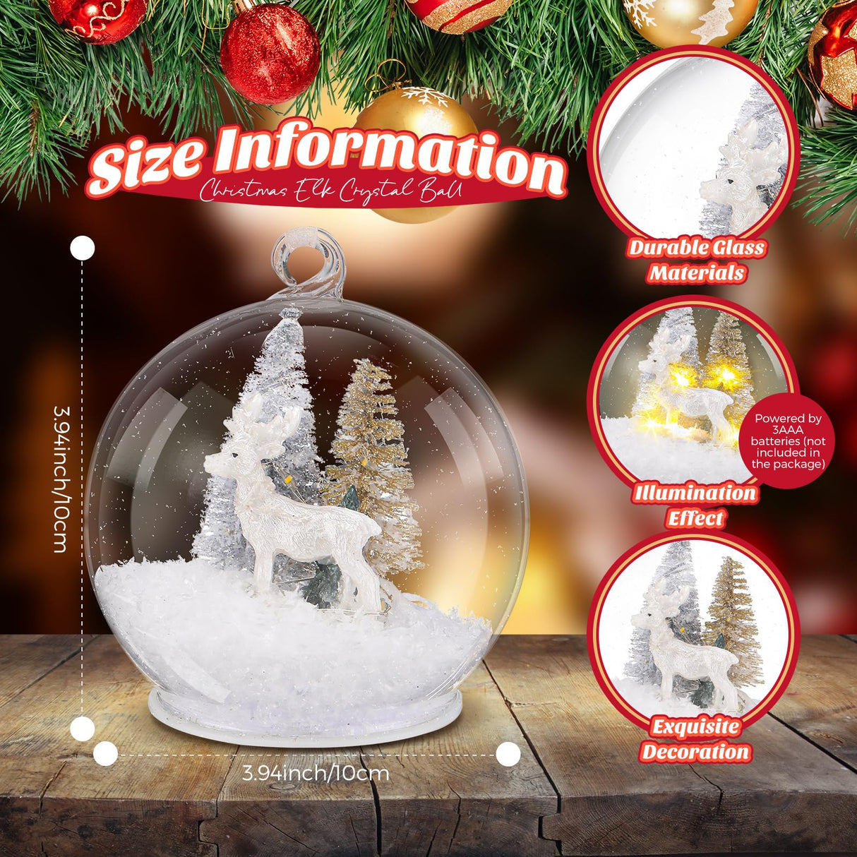 Syhood 4 Christmas Elk Crystal Ball Light up Reindeer Tree Ornaments 4 Inch LED Hanging Ball Lamp for Christmas Tree Memorial Gift LED Light Xmas Holiday Decorations Syhood