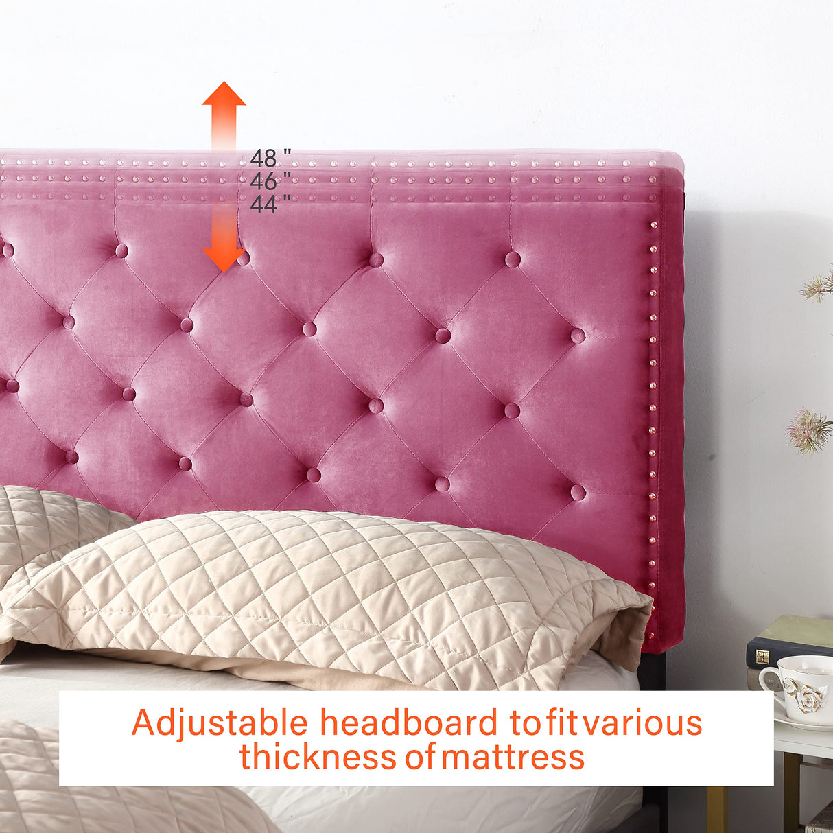 King Upholstered Platform Bed Frame with 48" Tall Adjustable Headboard - Button Tufted Suede Velour Bed- Wood Slat Support with Storage Space - No Box Spring Needed - Pink - OLIVER & SMITH - Princeton OLIVER & SMITH SINCE 1921