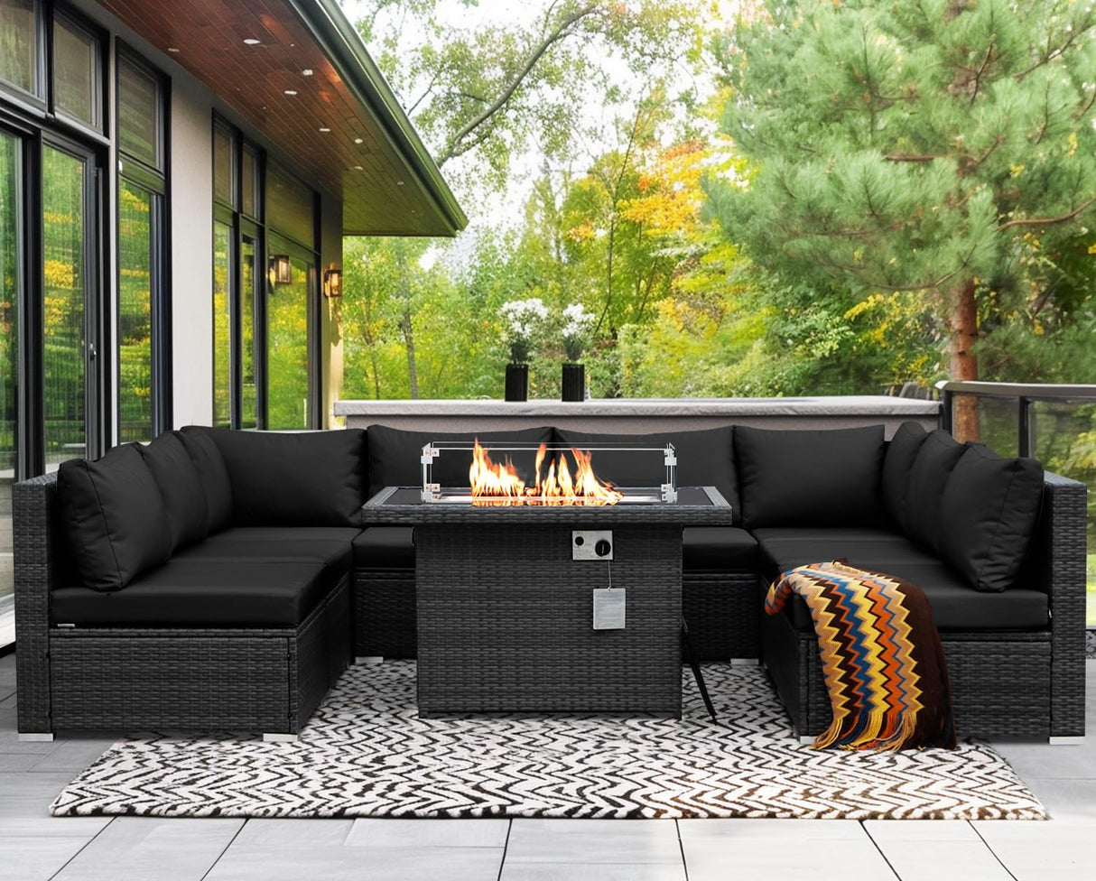 NICESOUL 9 Piece Extra Large Outdoor Patio Furniture Conversation Set with Fire Pit Natural Gas/Propane, 29.3'' High Back Modular Deep Seat Sectional Sofa Set for Outside, 2 Color Cushion Black&Gray NICESOUL