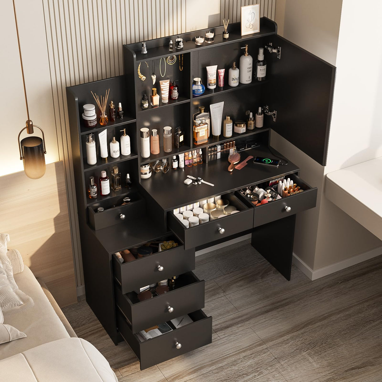 Vabches Vanity Desk with Mirror and Lights,Makeup Vanity with 6 Drawers and Shelves,Vanity Table with Power Outlet,Makeup Desk with Led Lighted Mirror in 3 Colors,for Bedroom,Black Vabches