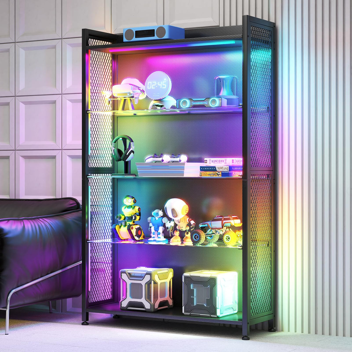 MOTPK Display Cabinet with LED Lights, Display Case with Glass Storage Shelves, 4-Tiers Curio Cabinet for Collectibles, Display Shelf Carbon Fiber Texture, Black MOTPK