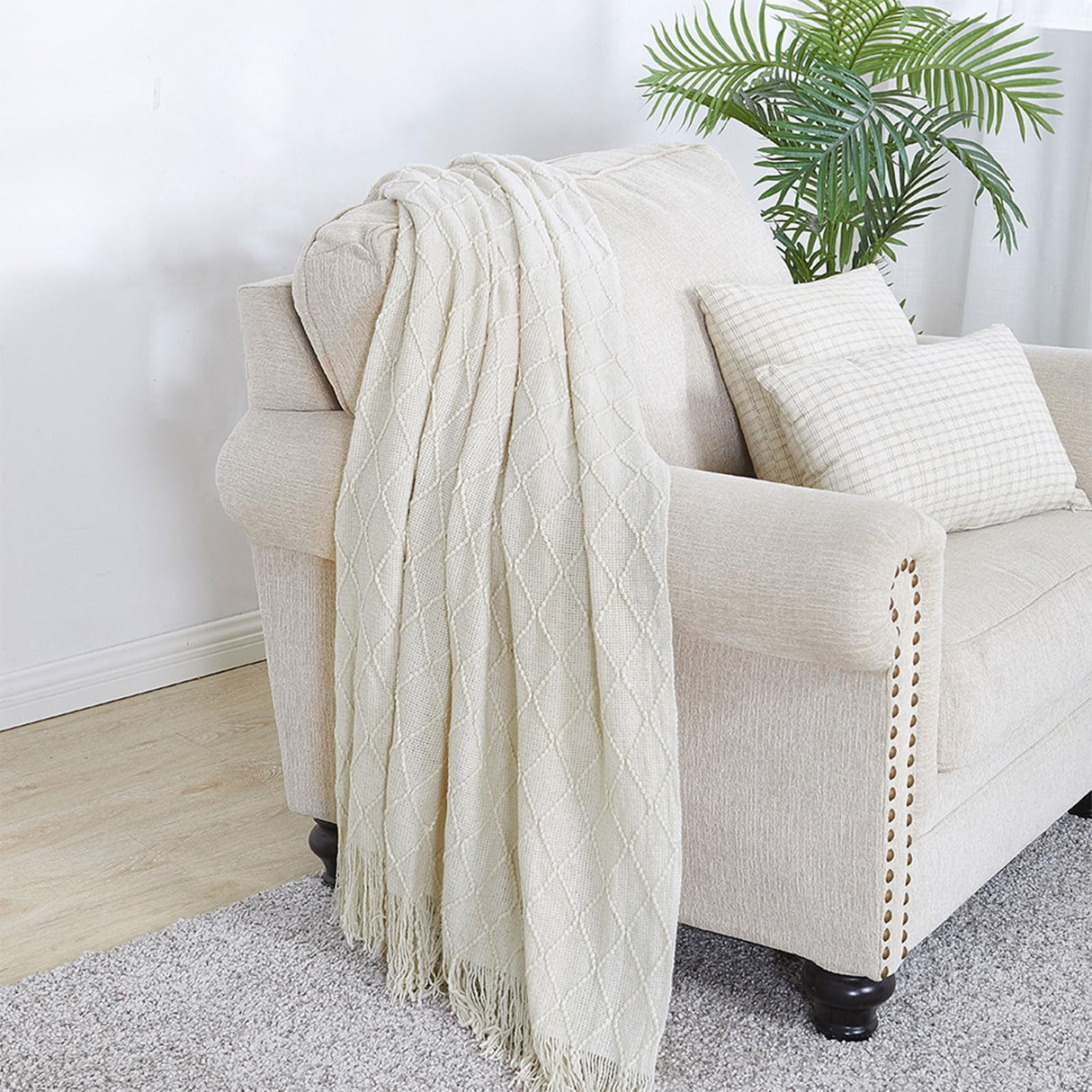 BOURINA Beige Throw Blanket 50x60 Inches Throw Textured Solid Soft Sofa Couch Decorative Knit Blanket BOURINA