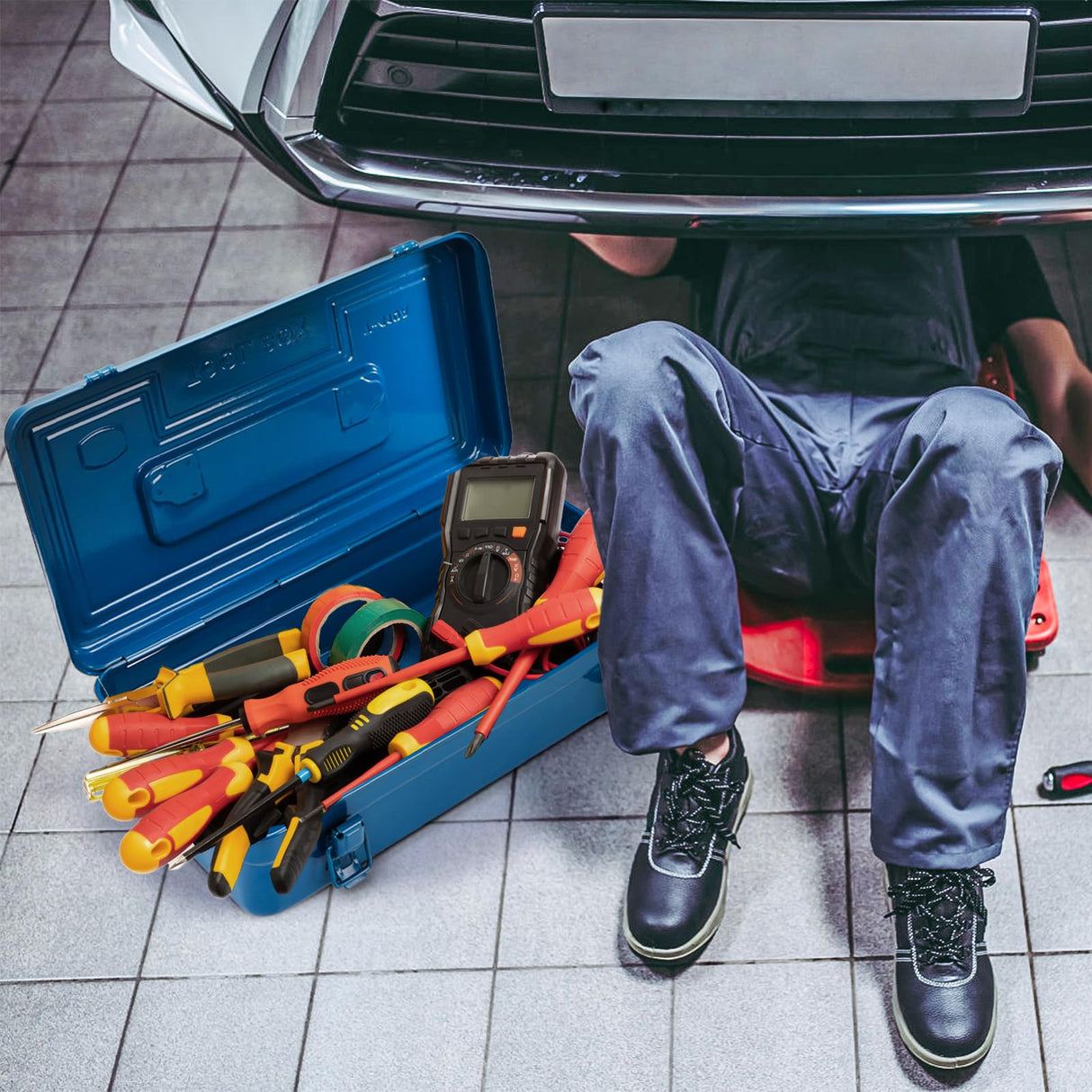 Acshio Portable Steel Tool Box, 16 Inch Metal Tool Organizer Box with Double Latch Closure and Handle, Heavy Duty Storage Toolbox Tool Chest for Workshop, Garage, Warehouse, Household, Blue Acshio