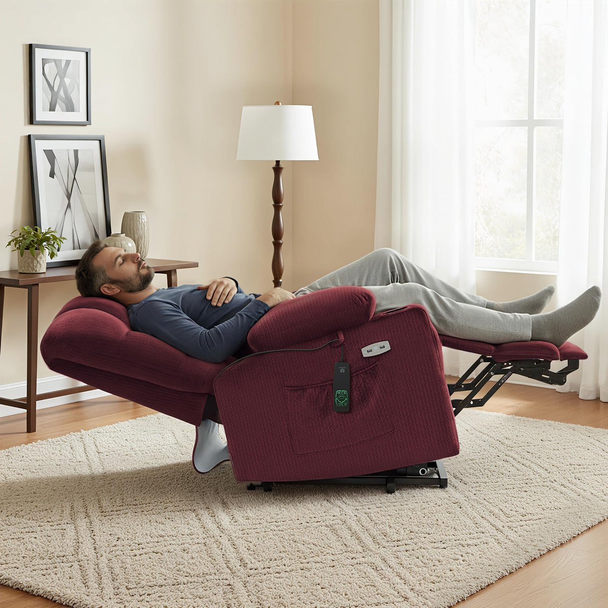 MCombo Dual Motor Power Lift Recliner Chair with Massage and Heat for Elderly People, Infinite Position, USB Ports, Cup Holders, Fabric 7679 (Medium, Burgundy) MCombo