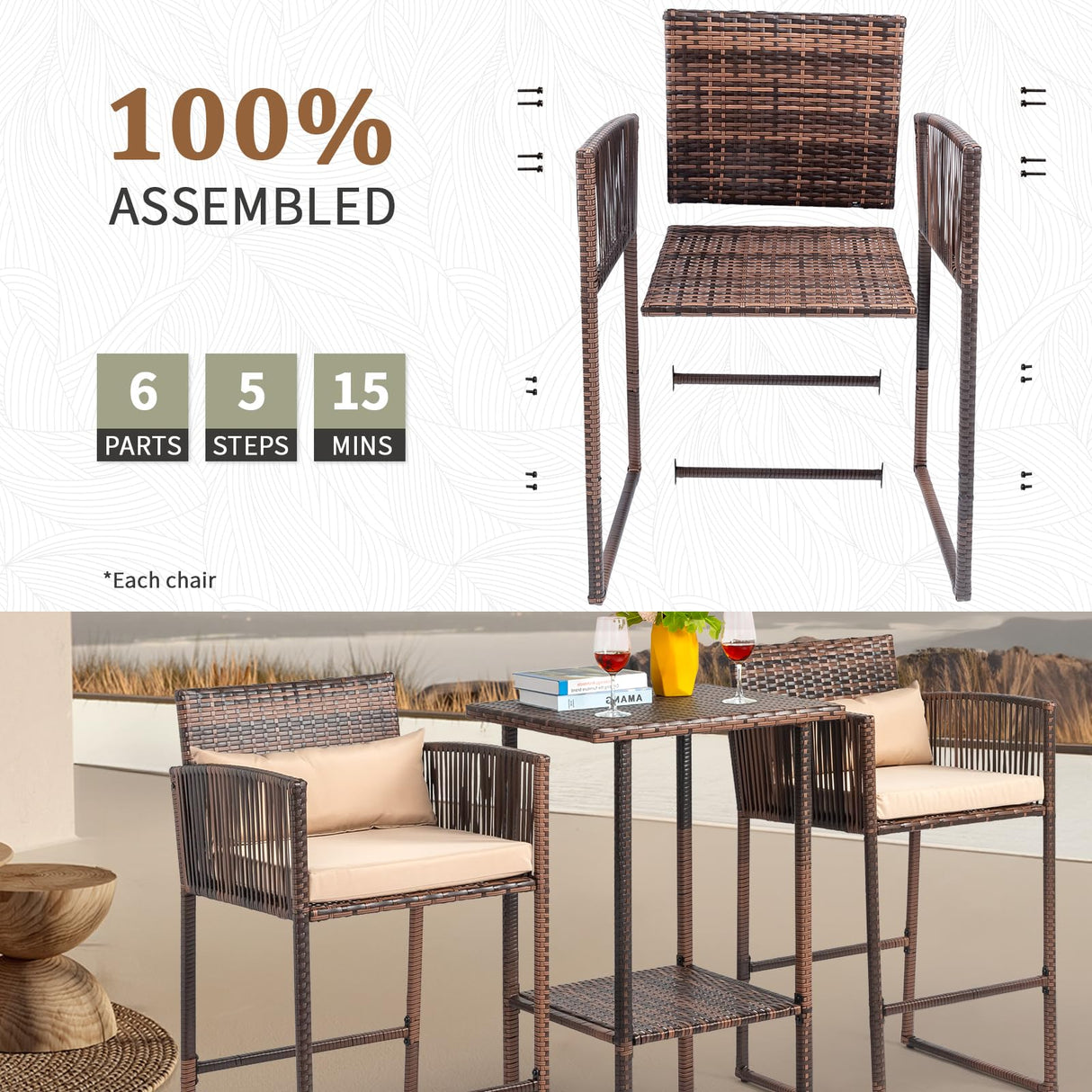 VINGLI 3 PCS Patio Bar Set Wicker, Outdoor Bar Table and Bar Stools with Storage Shelf and Cushions, Bar Height Outdoor Table and Chairs Wicker Furniture VINGLI