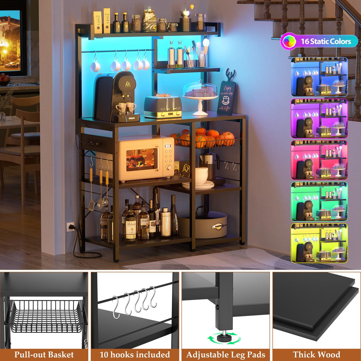 Aheaplus Bakers Rack with Power Outlet and LED Light Strings, Microwave Oven Stand Kitchen Storage Shelf with Wire Basket, Coffee Bar Station Island Table with 10 Hooks for Spices, Pots, Pans, Black Aheaplus