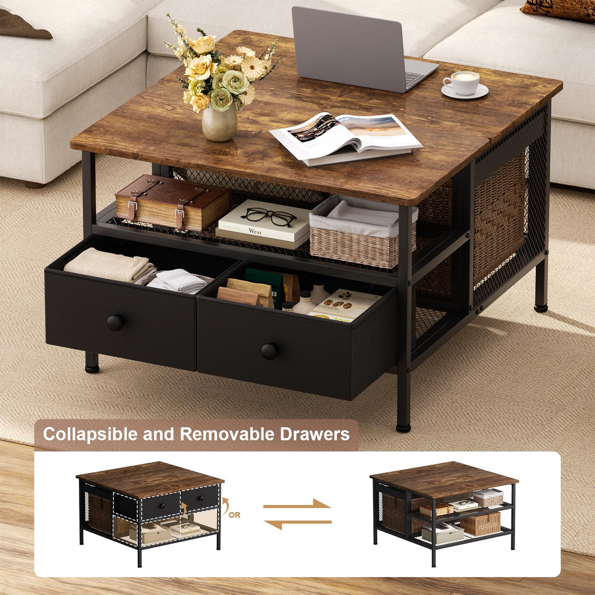 FABATO Lift Top Coffee Table, Square Coffee Table Metal Wood, Farmhouse Lift Up Coffee Table Cocktail Table with Wire Mesh Barn Door and Storage, Steel Frame, Small Tea Table for Living Room, Black FABATO