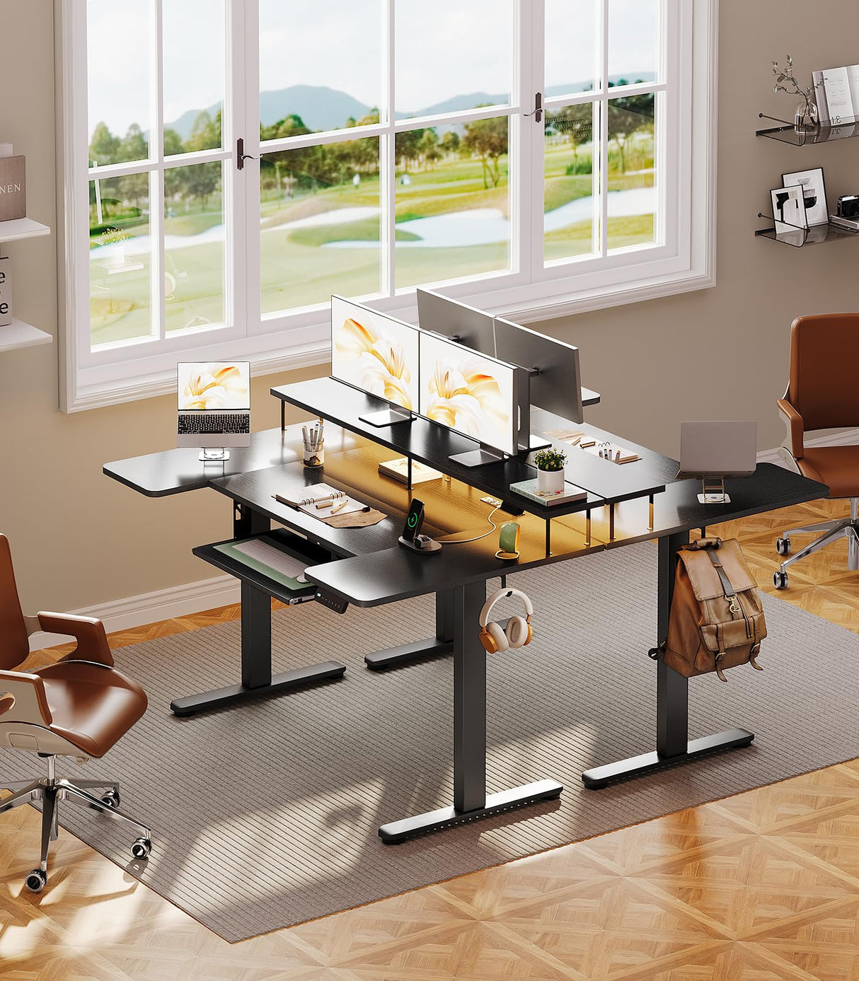 OffiGo U Shaped Electric Standing Desk with Keyboard Tray, 55 Inch Height Adjustable Desk with Power Outlets & LED Lights, Sit Stand Table with Monitor Stand for Home, Office, Black OffiGo