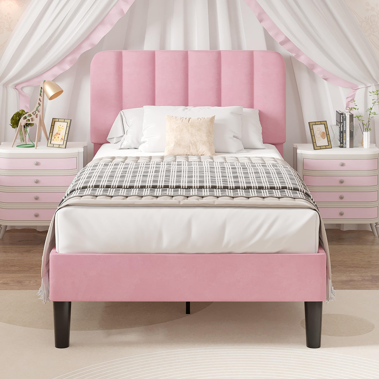 VECELO Twin Size Bed Frame with Upholstered Headboard, Velvet Platform Bedframe Mattress Foundation, Strong Wood Slat Support, No Box Spring Needed,Pink VECELO