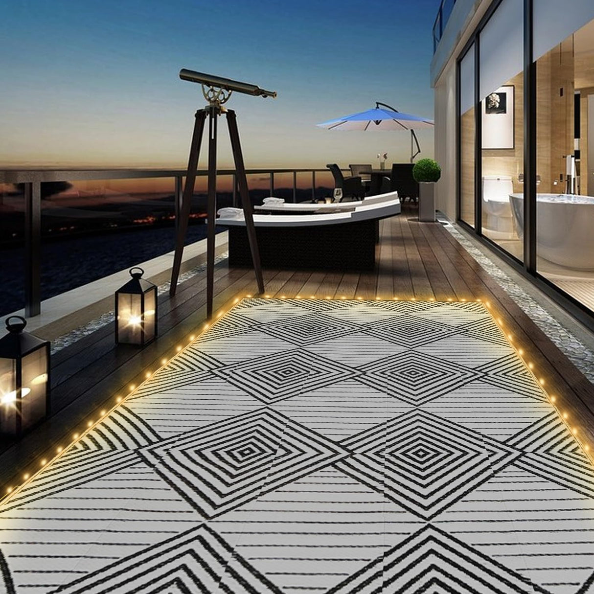 6x9ft Waterproof Outdoor Rug with LED Lights, Foldable Reversible Plastic Straw Mat for Patio RV Camping Picnic Balcony Beach Deck Indoor Outdoor Carpet, Black&White DiiKoo