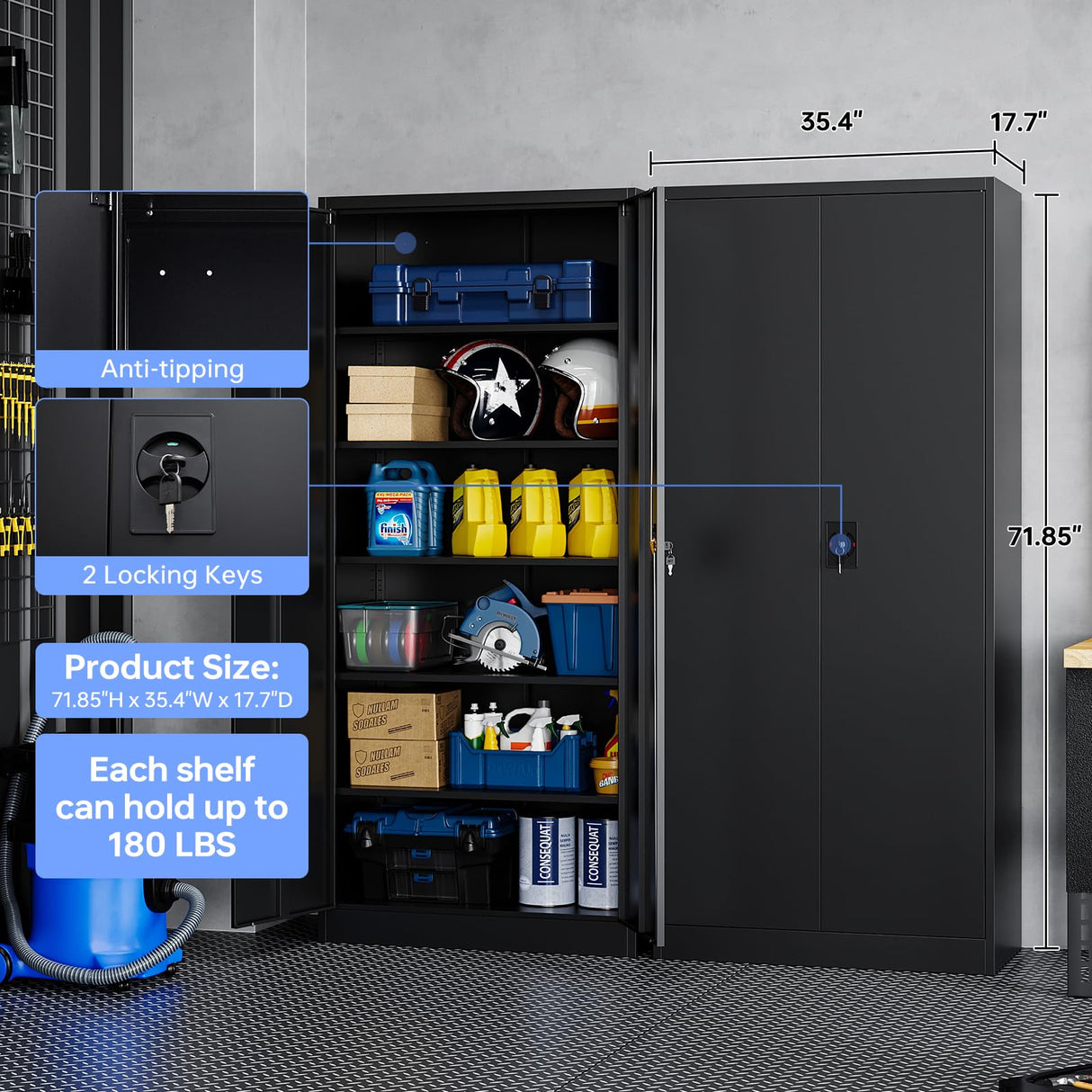 Yizosh Metal Garage Storage Cabinet with Lock, 72" Locking Tool Cabinet with 2 Doors and 5 Shelves, Tall Steel Cabinet for Garage, Heavy Duty File Cabinet for Office, School (Black) Yizosh