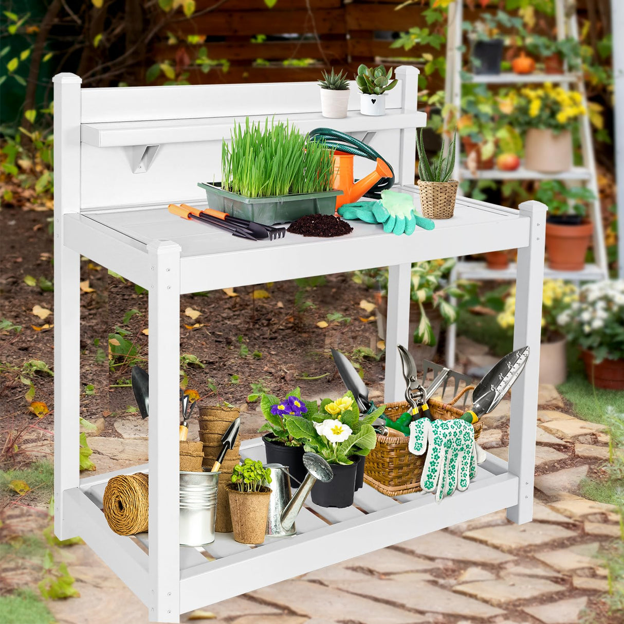 EAGLE PEAK Outdoor Indoor Maintenance Free Vinyl Garden Potting Bench, Waterproof Potting Table with Open Shelf, Lower Storage, 40inx21.6inx43.9in, White EAGLE PEAK