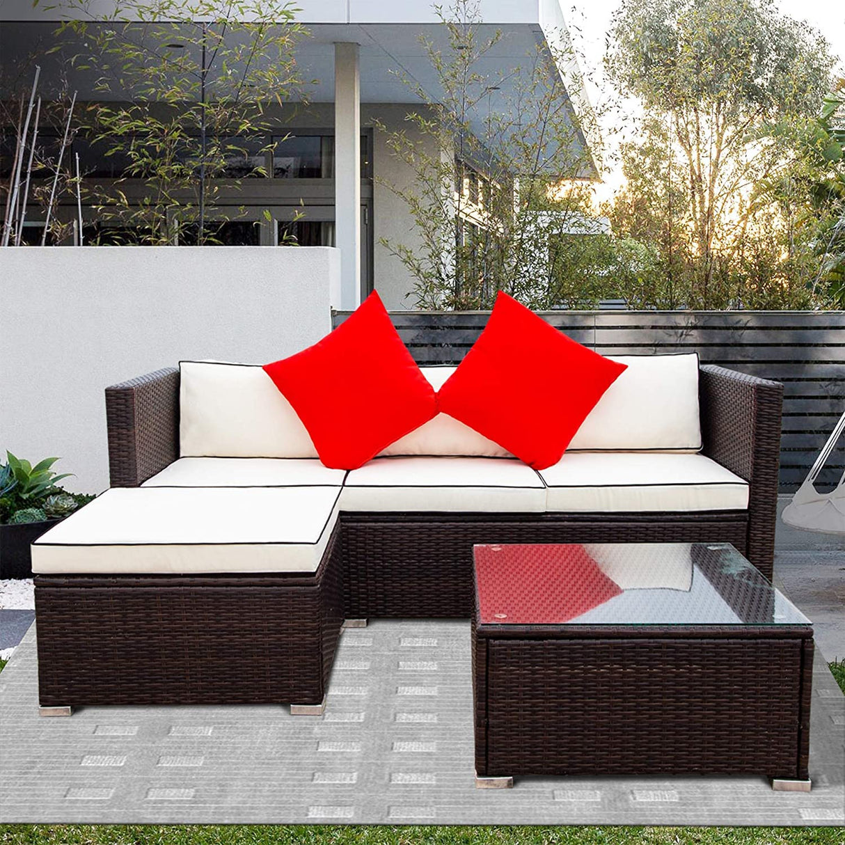 GAOPAN 3 Piece Outdoor Patio Conversation Sectional Couches Furniture Set, Rattan Wicker Garden Corner Sofas with Tempered Glass Top Coffee Table and Removable Soft Cushion, Beige+Brown GAOPAN