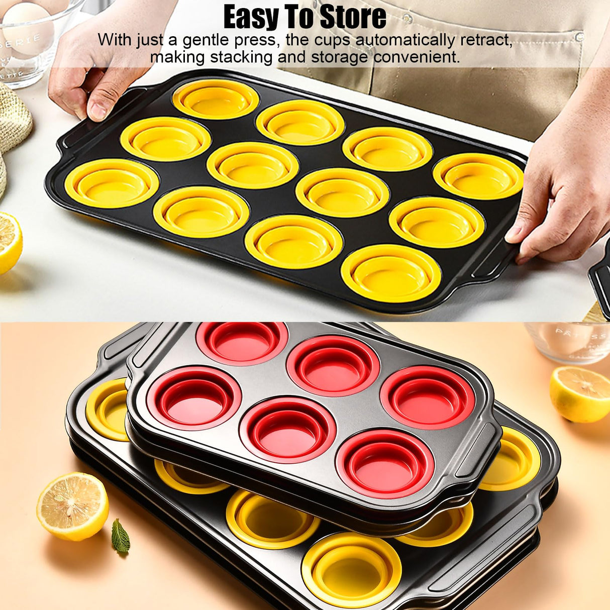 Silicone Muffin Pan, 12 Cups Muffin Pans with Metal Frame Nonstick Press to Easily Pop Out for Baking Homemade Muffins, Breads, Cupcakes, Egg Bites, BPA-Free Silicone Muffin Tin Cupcake Pan Mold Geweiya
