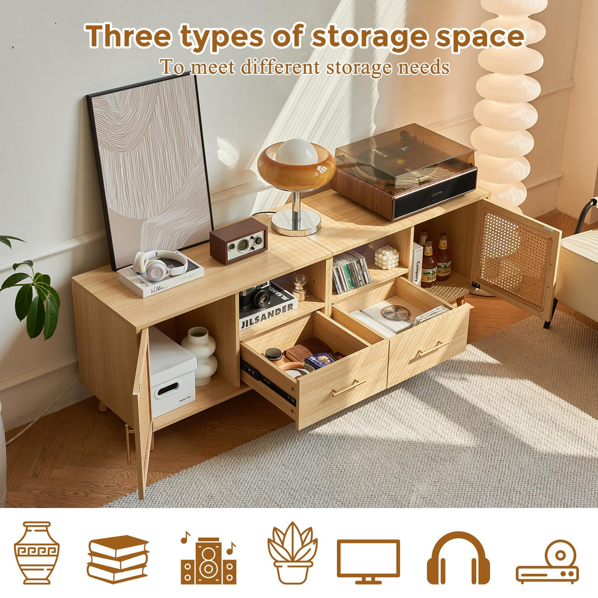 JanflyHome TV Stand for 70 Inch TV-Modern Rattan Media Console with Power Outlet, Entertainment Center with LED Light, Rattan TV Console Furniture for Living Room, Wood JanflyHome