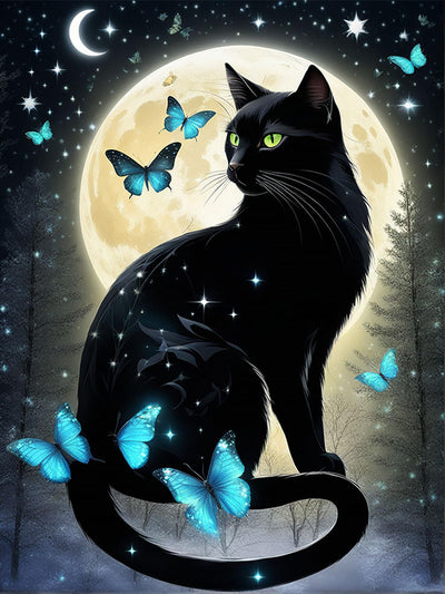 Meothan 5D Black Cat Diamond Art Kits for Adult Beginners Moon Cat Diamond Painting Kits for Adults Butterfly Diamond Painting Full Drill Round Rhinestones Gem Art for Home Wall Decor 11.8X15.7inch