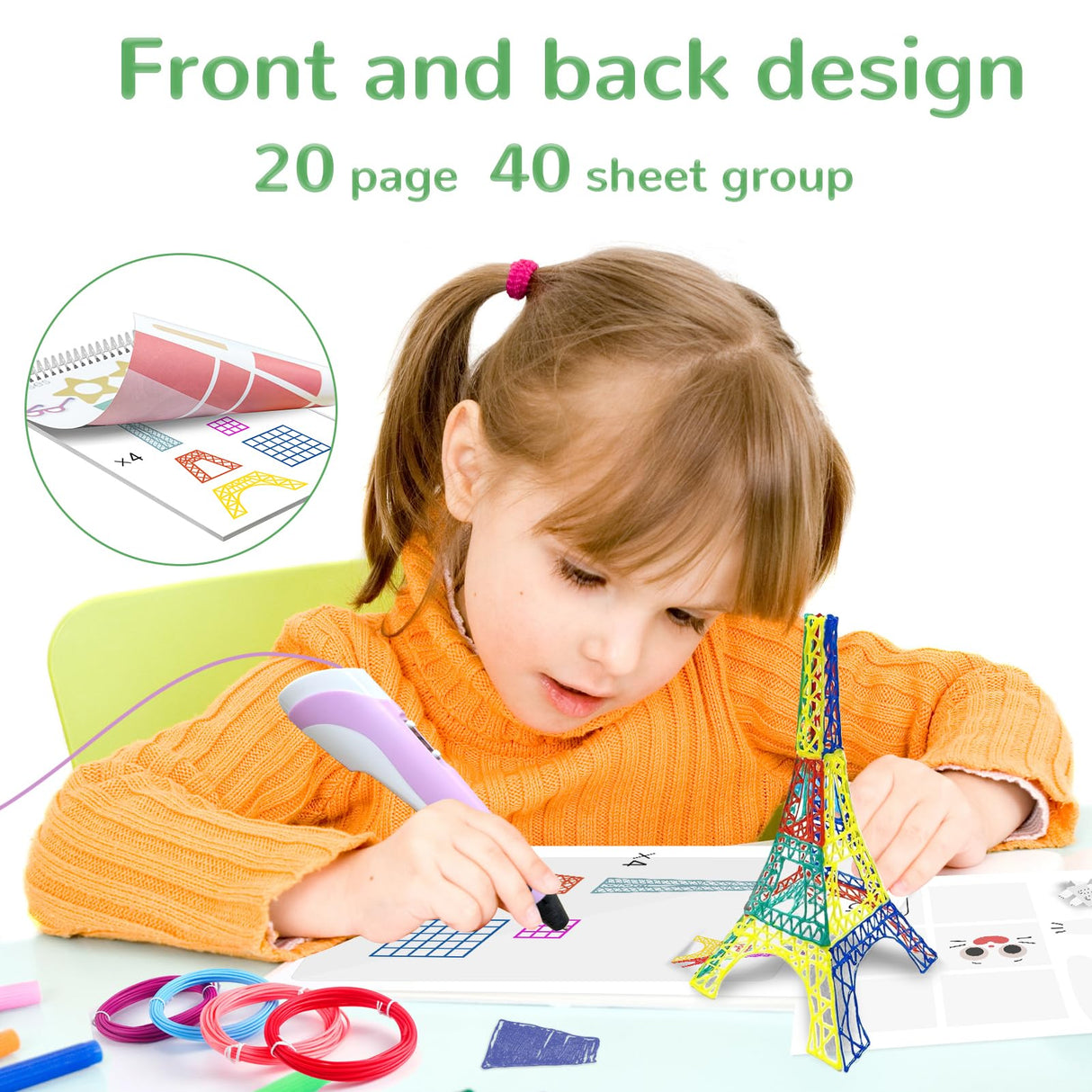 3D Printing Pen Drawing Book Spiral Bound with Transparent Template, 40 Patterns Reusable Painting Graffiti Template, Ideal DIY Gift for Kids Include Animal Transportation House Building Food CKMOREL