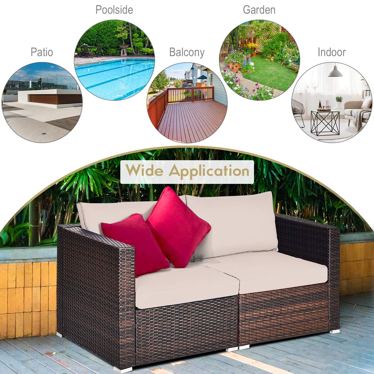 Tangkula Wicker Loveseat 2 Piece, Patio Furniture Couch with Removable Cushions, Rattan Loveseat Sofa for Balcony, Deck, Garden and Poolside Tangkula