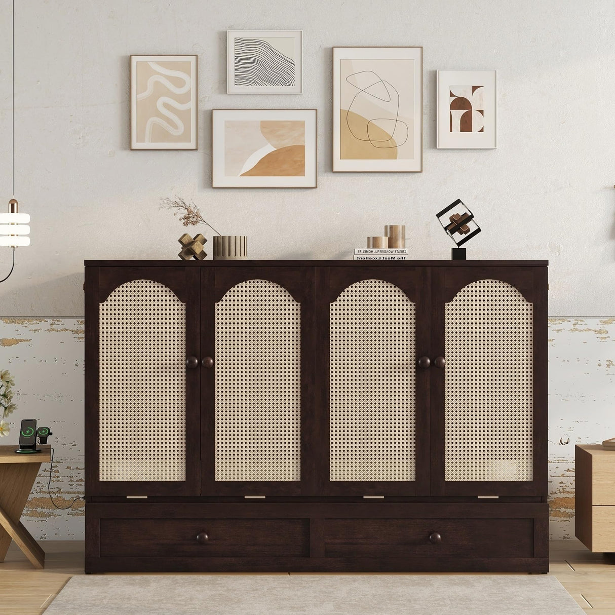 KEIKI Queen Murphy Bed Cabinet – Foldable Wall Bed w/USB, Rattan Panel & Drawer – Space-Saving, Heavy-Duty Frame – for Apartments/Guest, Espresso KEIKI