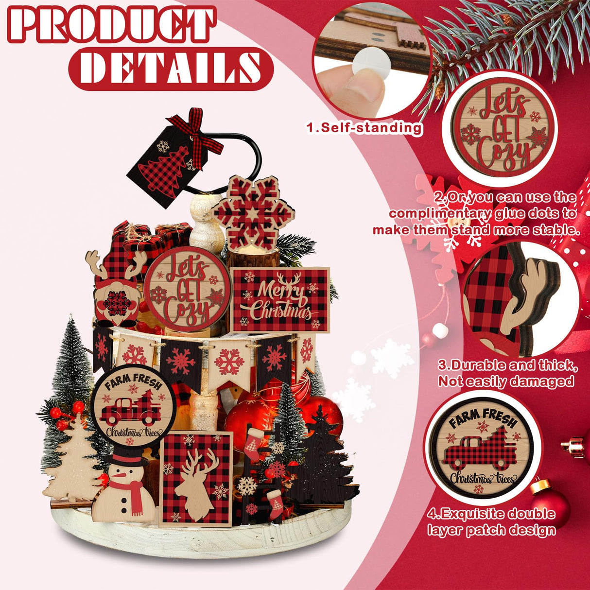 Funnymoom 17 Pcs Christmas Tiered Tray Decor Red and Black Buffalo Plaid Wood Signs Farmhouse Rustic Christmas Table Decorations Centerpieces Wooden Blocks for Xmas Winter Home Winter Party Decor Funnymoom