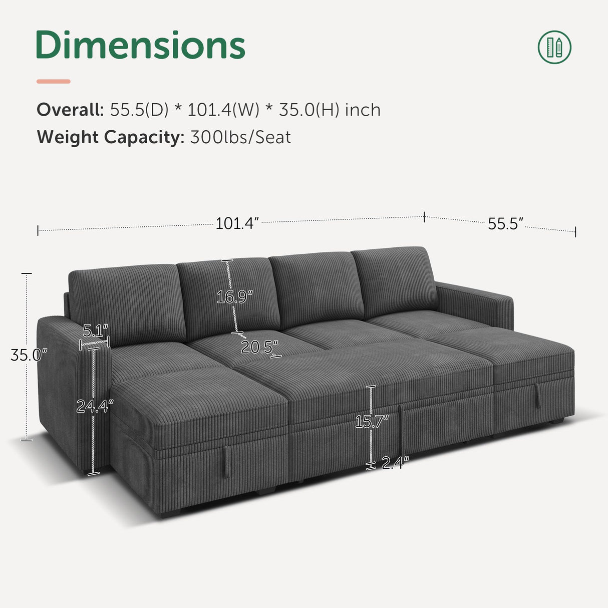 HONBAY Modular Sectional Sleeper Sofa Bed, Corduroy Pull Out Couch with Storage Ottoman, U Shaped Sectional Couches for Living Room, Dark Grey HONBAY