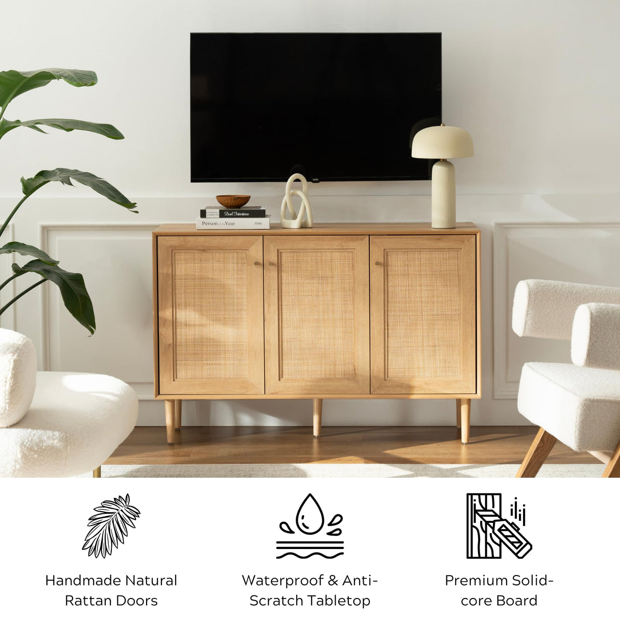 EYYTHUNG Rattan Storage Cabinet with 3 Doors, Boho Sideboard Buffet Cabinet Solid Wood Farmhouse Credenza Cabinet with Adjustable Shelves for Living Room Kitchen Entryway Hallway, Natural Oak EYYTHUNG