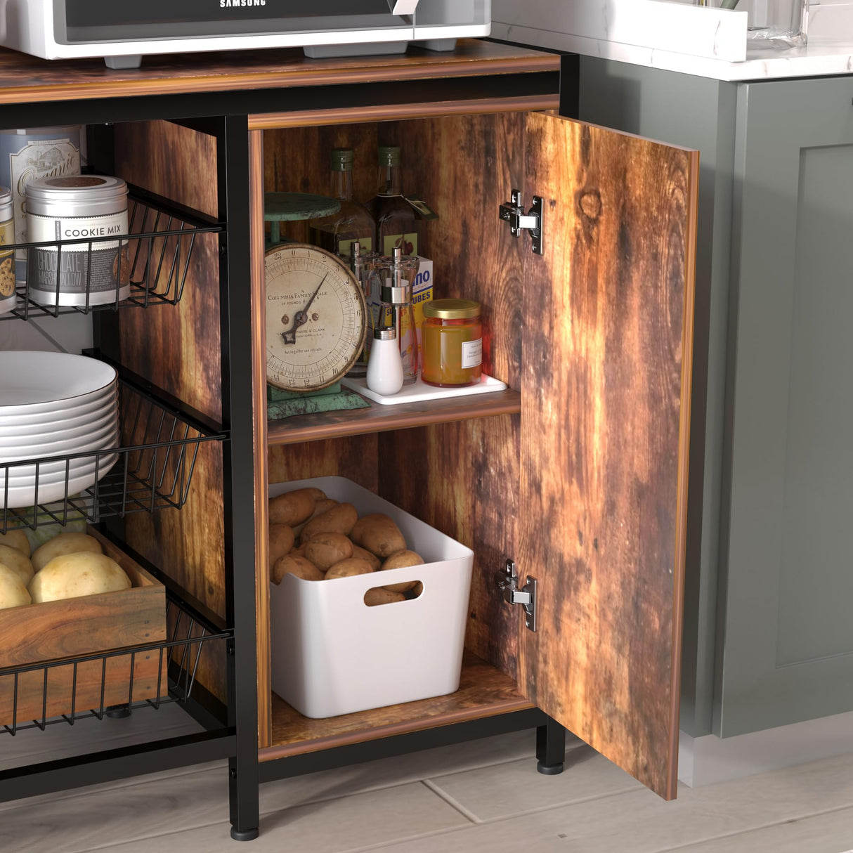 NAIYUFA Kitchen Bakers Rack with Baskets and Door,Industrial Microwave Oven Stand,Utility Storage Shelf,Free Standing Kitchen Utility Cart Storage Shelf Organizer with Hooks NAIYUFA