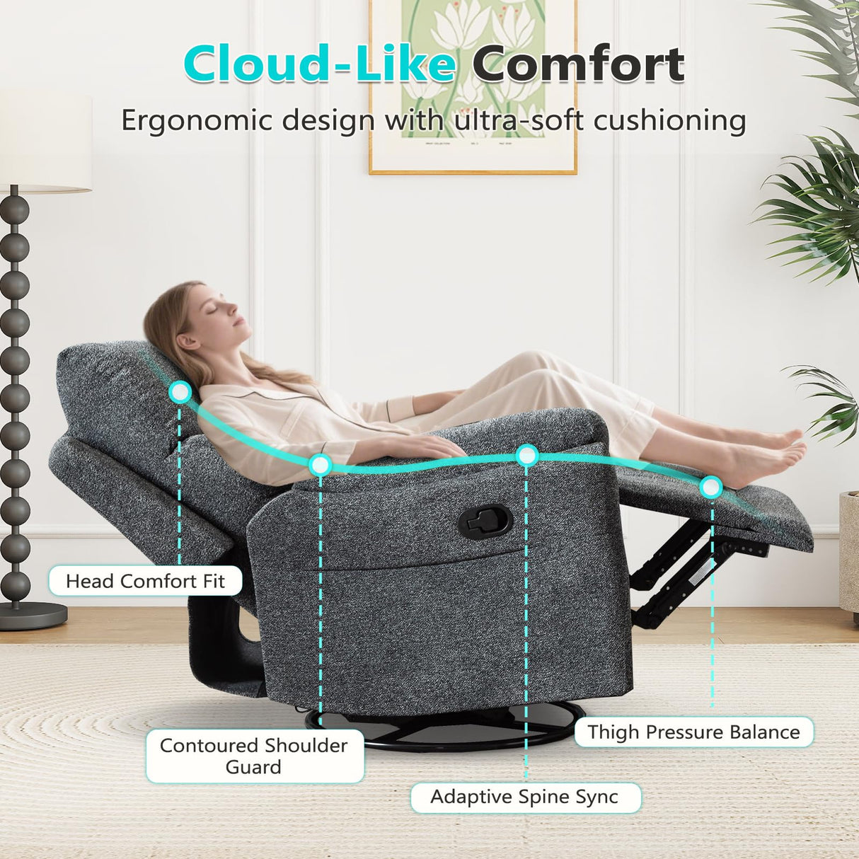 ANJ Swivel Rocker Recliner Chair Nursery, Manual Fabric Small Rocking Recliner, Modern Rocking Reclining Chairs for Living Room, Bedroom, Small Space (Gray) ANJ