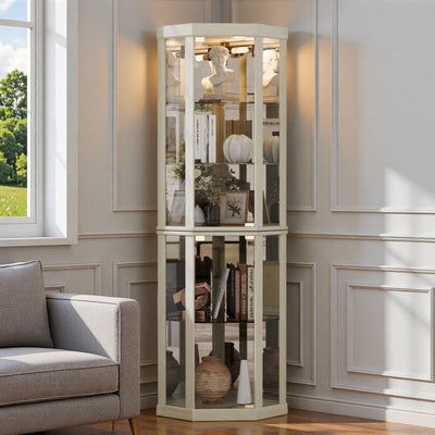 Trygoal Lighted 3-Side Glass Display Curio Cabinet, Corner China Cabinet with Tempered Glass Doors, Wooden Display Case with Light Bulb for Living Room, Antique White