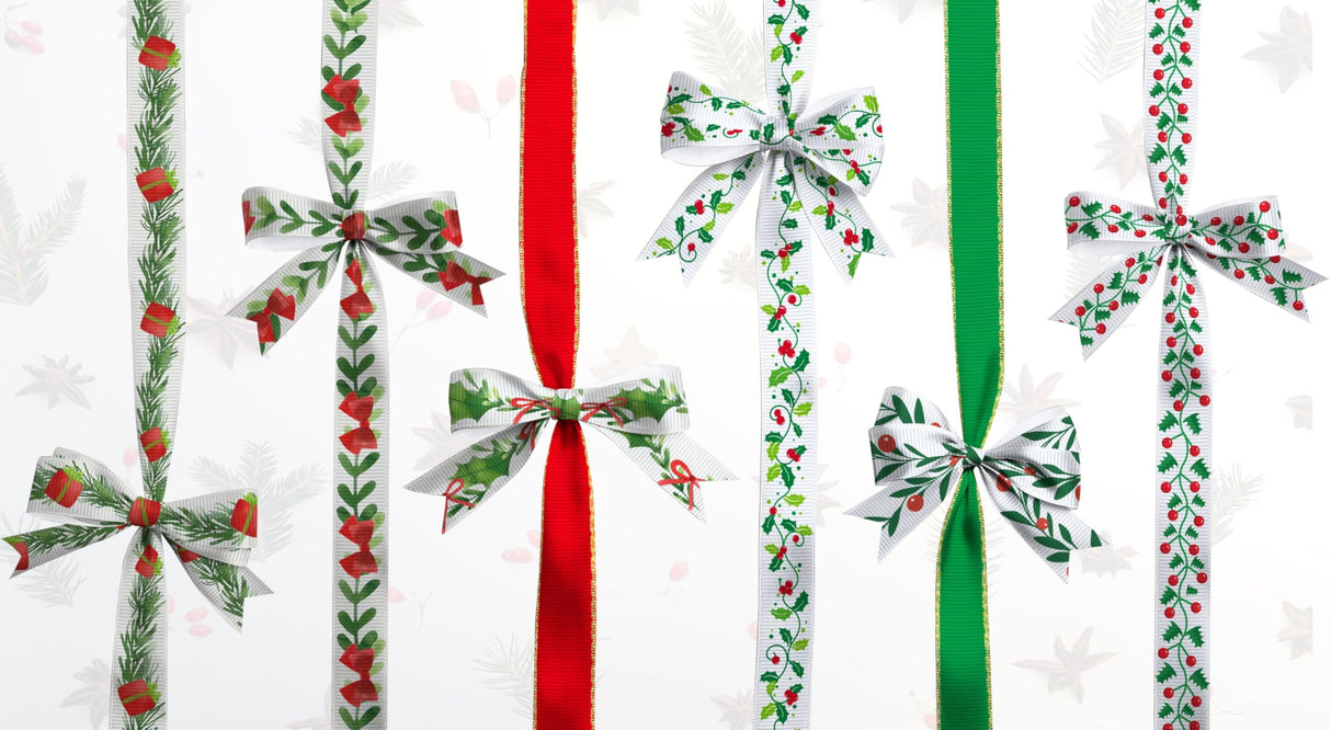 YKW Christmas Ribbon Set - 8 Festive Patterns, 24 Yards Total - 3/8" Wide Holiday Ribbon for Gift Wrapping, Tree Decorations, Crafts -Threaded Ribbon for Xmas Decor, DIY Projects YKW