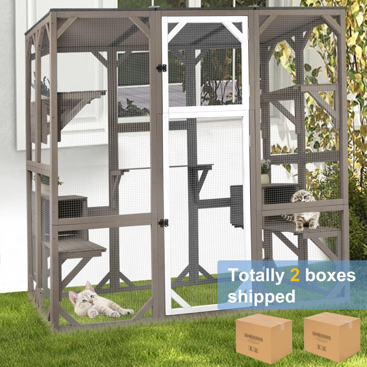 Ketive Outdoor Catio Cat Enclosure, Large Cat House with Multi-Level Platforms, Waterproof Roof, and Pull-Out Tray (71.45" L x 36.61" W x 70.86" H) ketive