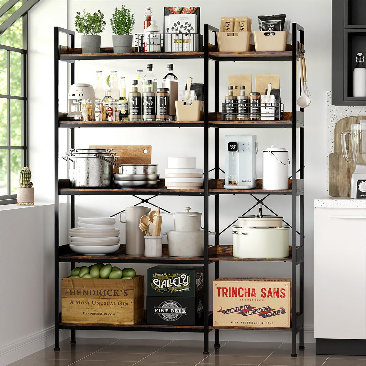 KOUSEI 5-Tier Bookshelf Reversible,Corner Bookcase 4 Hooks,65" Industrial Wooden Bookcase with Open Wide Shelves and Metal Frame for Living Room, Bedroom, Home Office,Rustic Brown KOUSEI