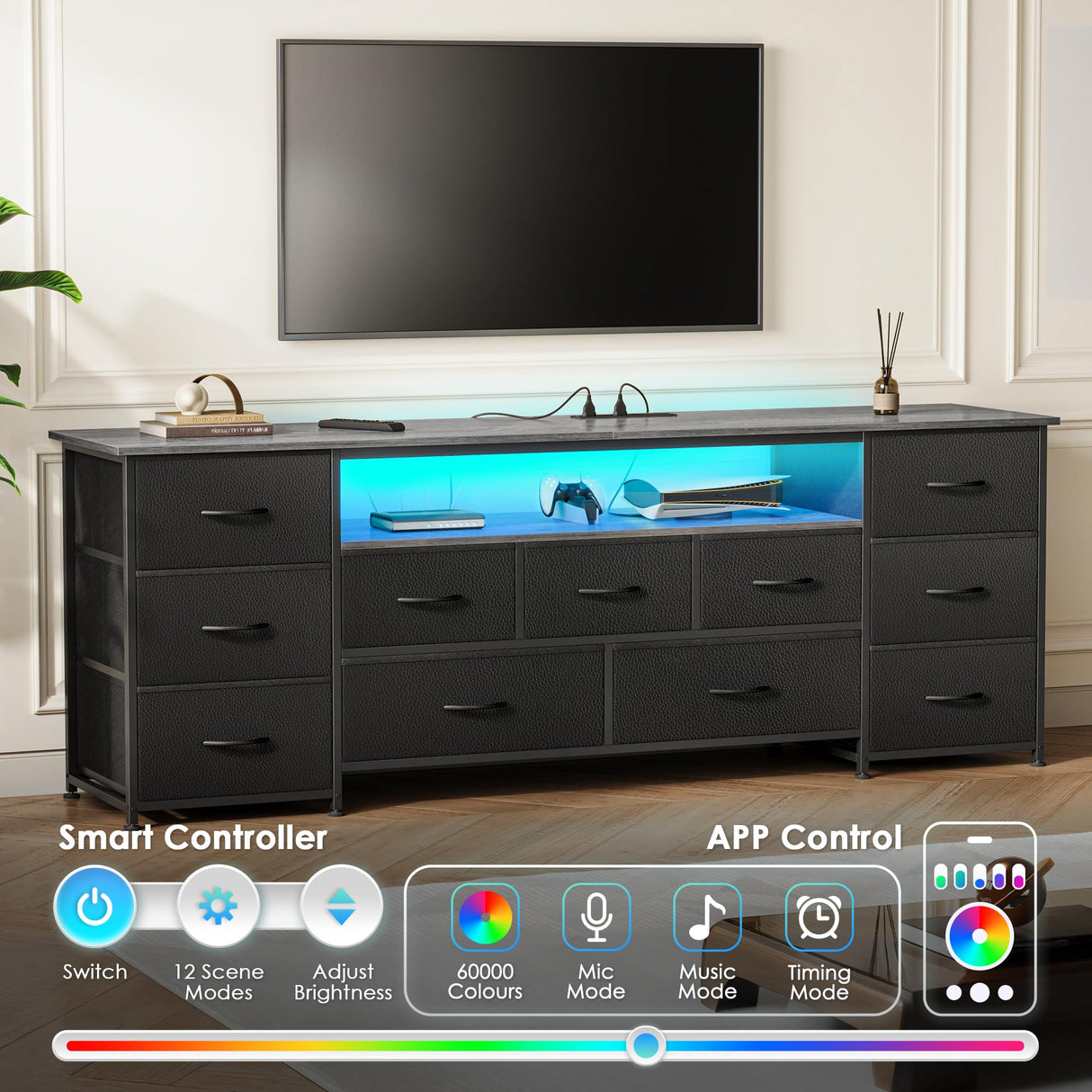 Huuger 63 Inch TV Stand for 65, 70 Inch TV, 11 Drawer Long Dresser with Power Outlets and LED Lights, Entertainment Center with Storage, Grey Dresser with PU Leather Surface Huuger