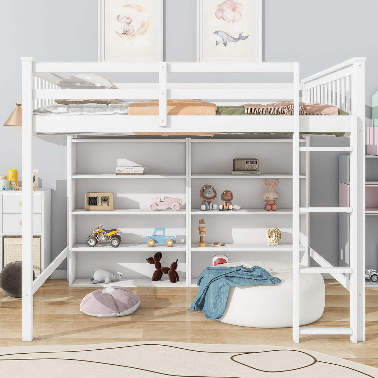 Full Loft Bed with 8 Storage Shelves, Wooden Loft Beds Frame with Bookcase, High Loft Bed with Ladder for Kids Boys Girls Teens, Antique White Bellemave
