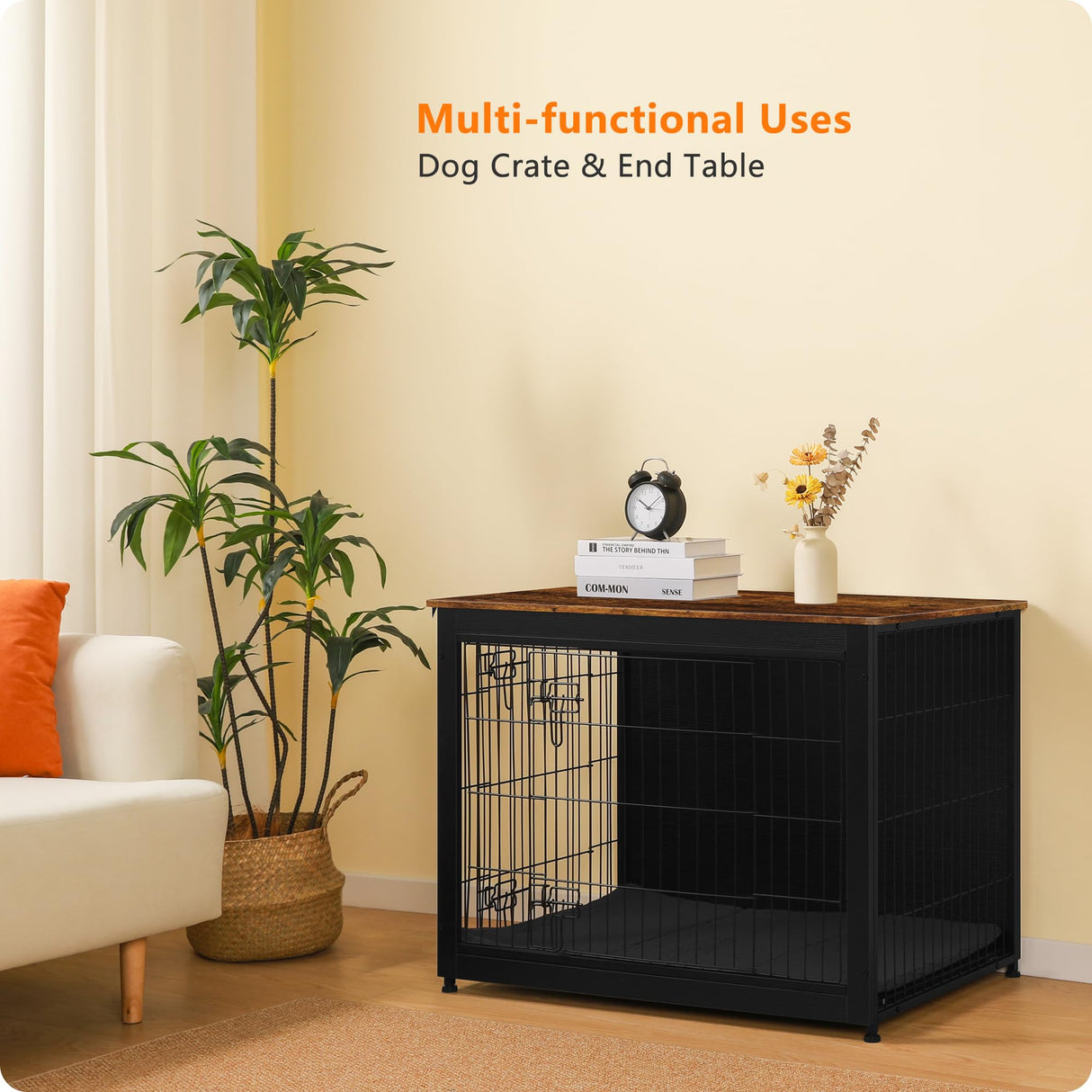 DWANTON Dog Crate Furniture with Cushion, Wooden Kennel Table with Double Doors, Indoor Dog House, Large Size, 38.5" L, Black+Rustic Brown Dwanton