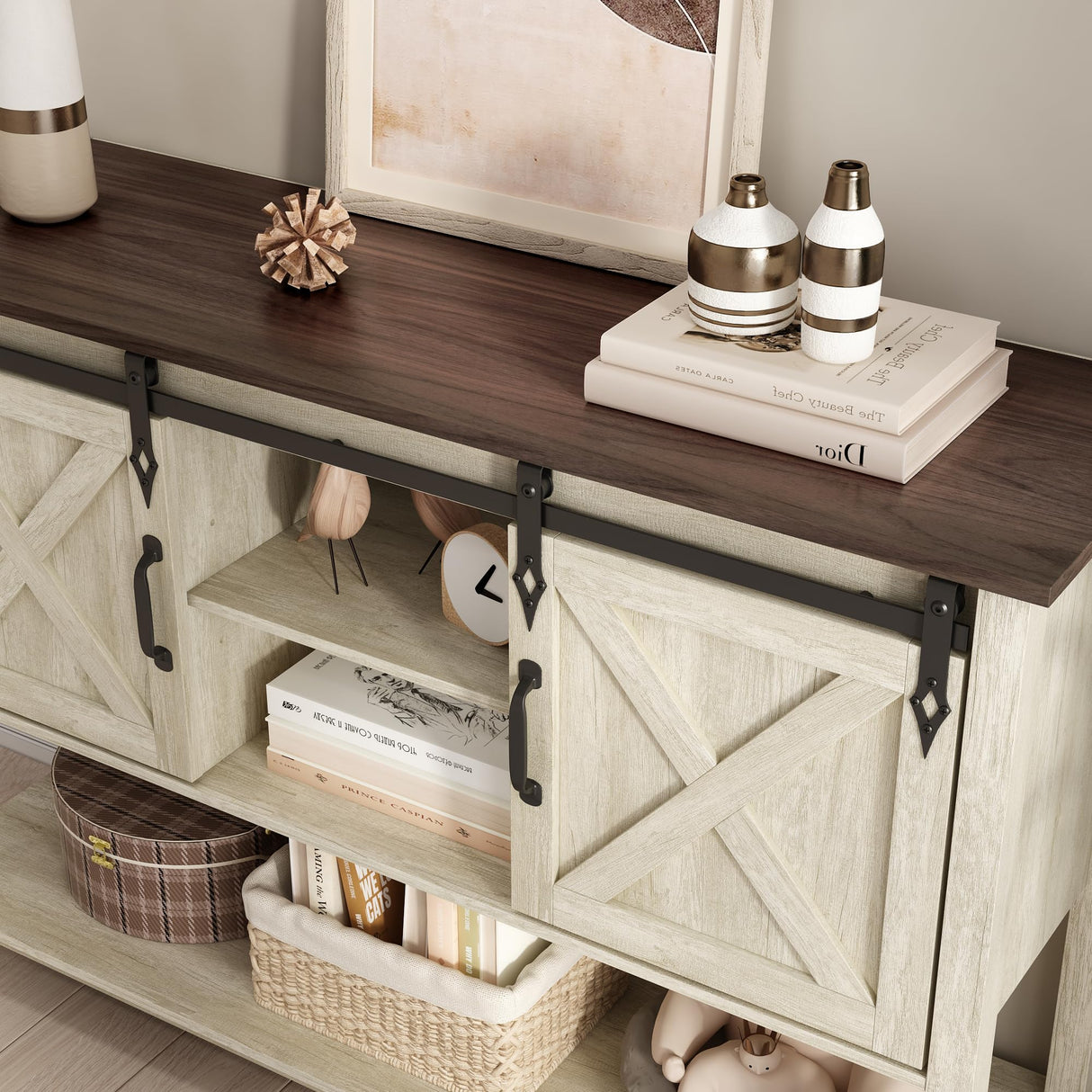 Vabches Entryway Table with 2 Sliding Barn Doors, 46" Farmhouse Console Table with Adjustable Storage Shelf, Sofa Table for Entryway, Hallway, Living Room, Metal Corner Trim & Handles, Rustic White Vabches