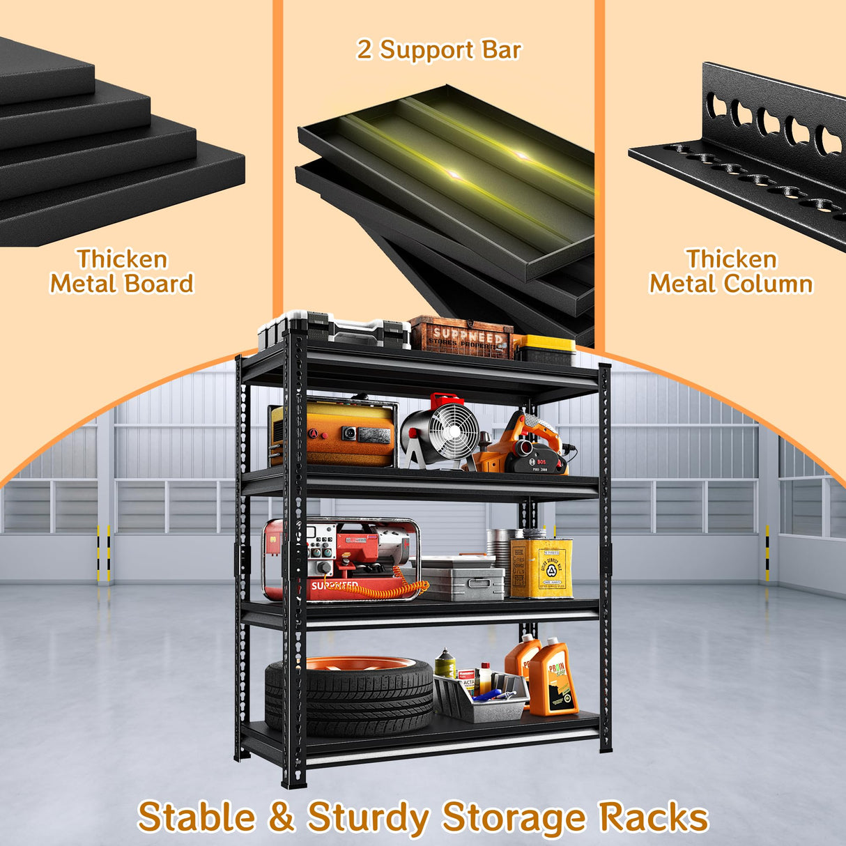 SUPPNEED Adjustable Shelving Units and Storage, 48”W Garage Shelving Heavy Duty,2000LBS Loads 4-Tier Garage Storage Shelves, Metal Shelves for Living Room,Pantry,48”W×16”D×72”W,Black SUPPNEED
