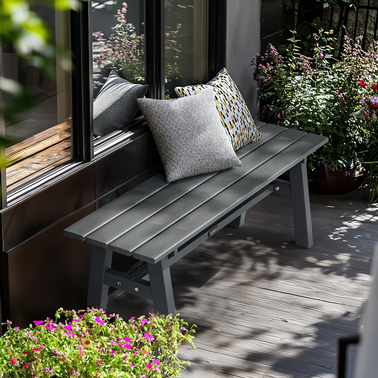 VINGLI 47” Outdoor Bench Garden Bench HDPE Porch Bench w/Metal Legs, Poly Lumber Patio Bench, 660 LBS Capacity Outdoor Backless Bench(Grey) VINGLI