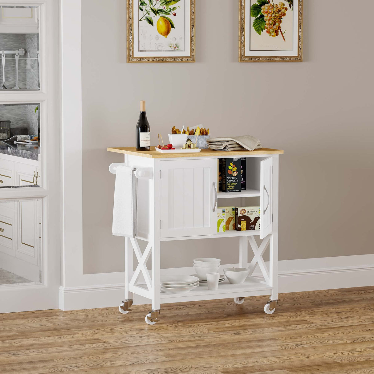 Spirich Kitchen Island on Wheels, Rolling Kitchen Cart with Storage Cabinet, Small Kitchen Island with Drop Leaf and Towel Rack for Dining Room, White Spirich