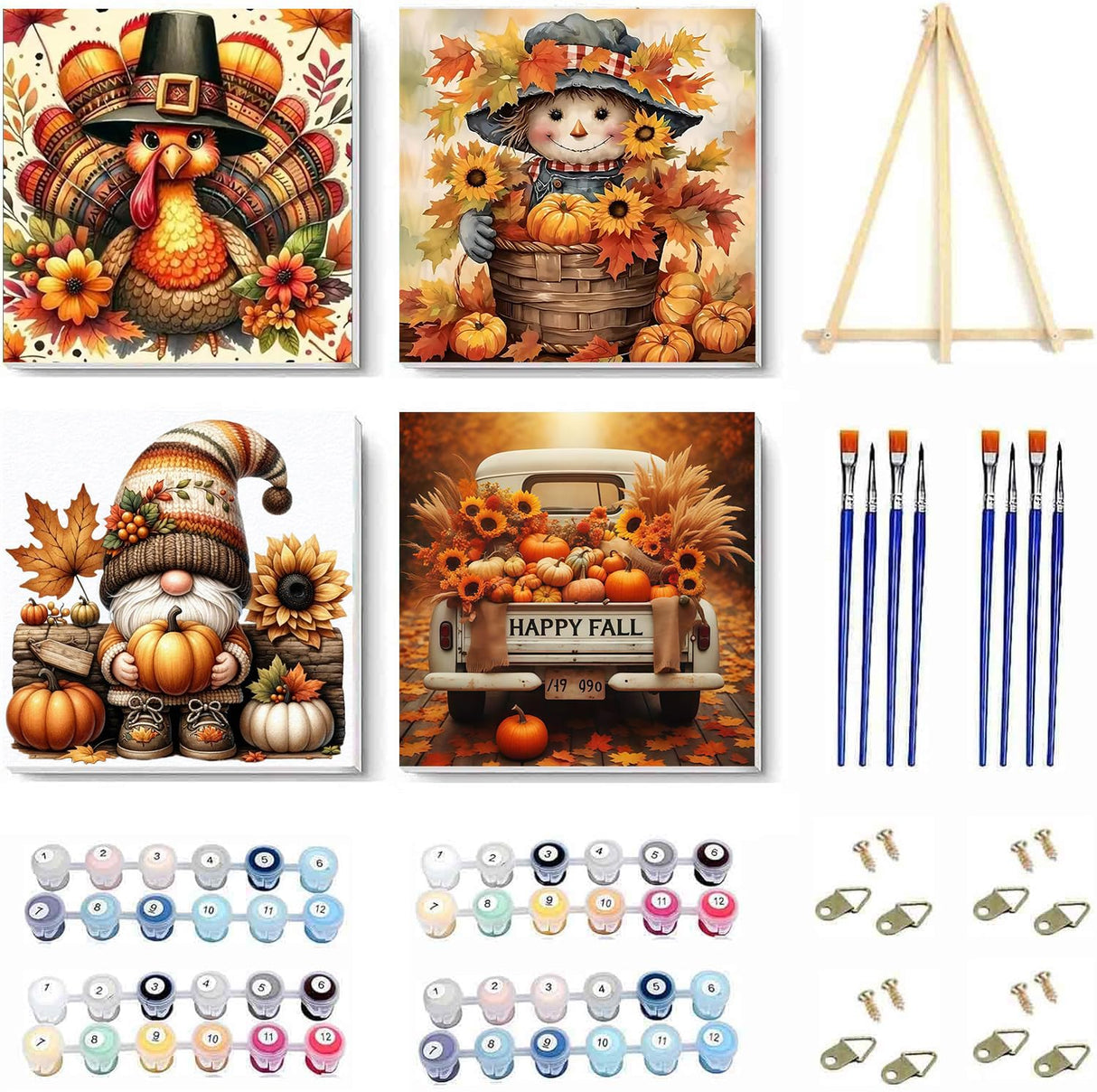 4 Pack Thanksgiving Day Paint by Numbers Kit for Adults Beginner,Fall Turkey Pumpkin Easy Adult Paint by Number Kits on Canvas DIY Painting for Beginners Art by Numbers for Home Wall Decor 10x10Inch NEGEKFKX
